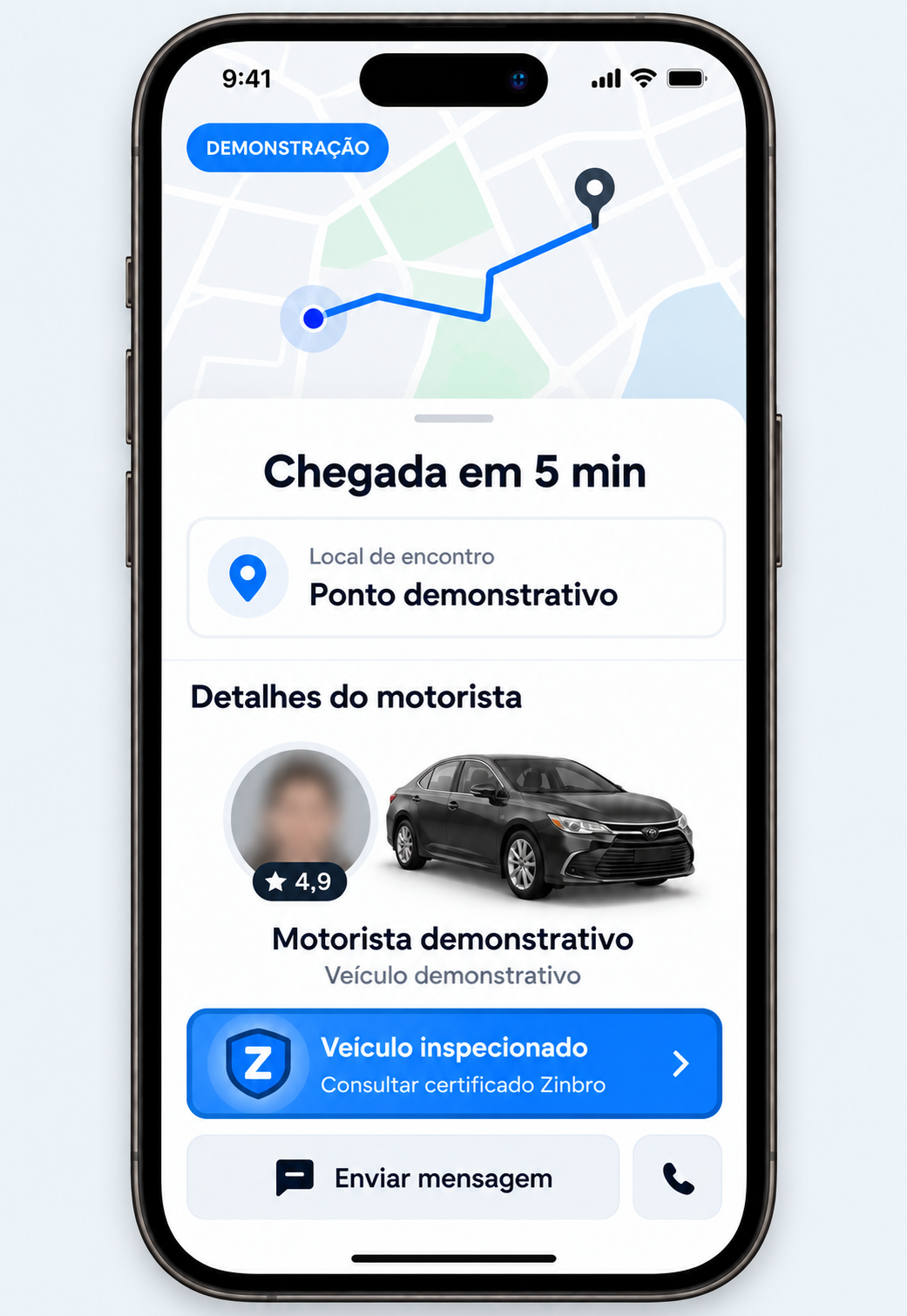 Celular ilustrativo com mapa, detalhes de um motorista demonstrativo, veículo e selo azul de inspeção Zinbro